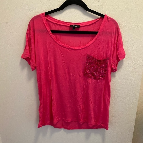 Express Pink Sequin Pocket Lightweight T-Shirt Size M New Without Tag - Picture 1 of 6